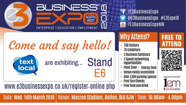 Text Local - Join Us - E3 Expo Twitter and Facebook